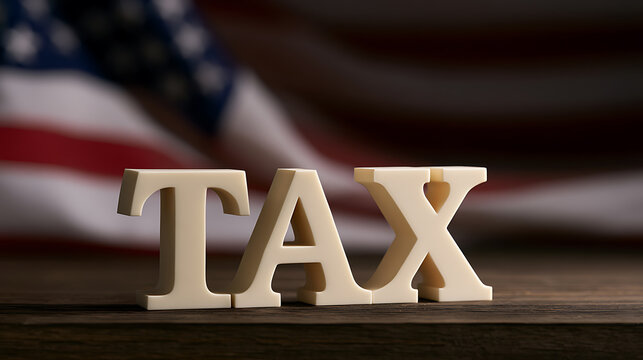 Close-up of the word TAX on a rustic wooden surface with a blurred waving flag in the background, conveying financial concepts