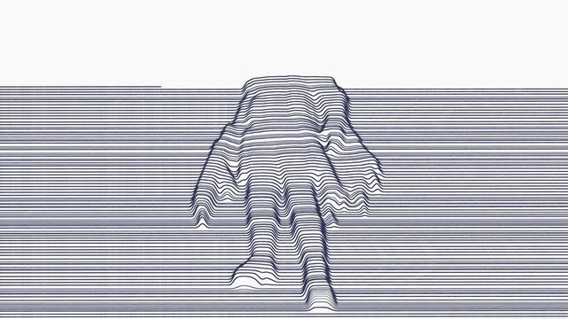 Digital wireframe animation forming a futuristic hero silhouette through motion lines