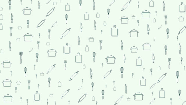 Seamless pattern of kitchen cooking utensils including pots, pans, cutting boards, and rolling pins arranged on a light green background, ideal for culinary websites, food blogs, or restaurant menus.