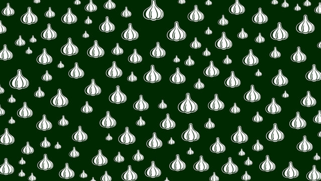 Seamless pattern featuring white garlic bulb illustrations scattered on a dark forest green background, perfect for culinary branding, food packaging, or kitchen-themed textile and wallpaper designs.