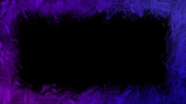 Dark purple and blue painted frame looped animation with brush stroke texture border on black background.  Overlay template with copy space for video editing, streaming, gaming