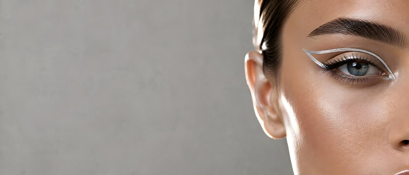 Macro close up of beautiful female eye with metallic silver graphic eyeliner makeup and laminated eyebrow, premium cosmetics and futuristic cyberpunk beauty branding concept with large copy space