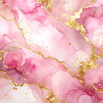 Luxurious pink alcohol ink abstract background with shimmering gold glitter veins. Elegant fluid art texture creates a romantic, glamorous backdrop. Modern luxury marble design with nobody.