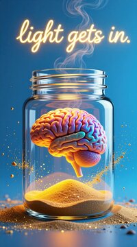 Human brain inside glass jar with sand below. Glowing text above reads light gets in. Symbolizes ideas, knowledge, creativity, and mental processes. Conceptual art.
