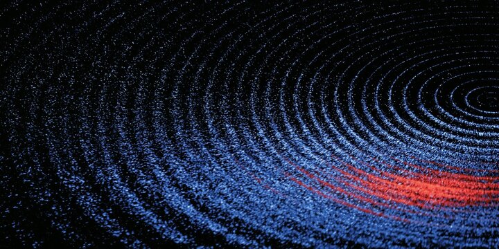 Abstract grainy noise background with glowing blue and red spiral, resembling a vortex, speaker cone, or vinyl record.