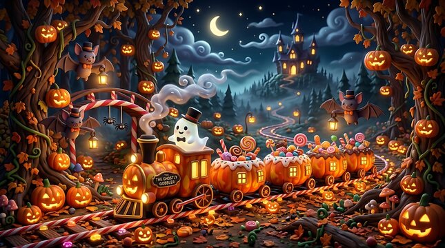 Whimsical Halloween Pumpkin Train with Friendly Ghost Conductor, Candy Cars, Jack-o'-Lanterns and Spooky Moonlit Fore