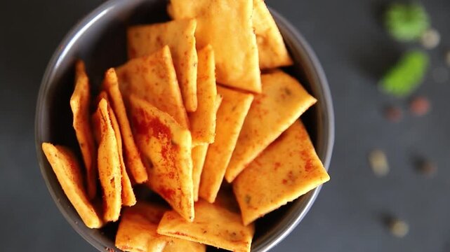 Cracker paprika flavor apero natural ingredients tasty snack fresh, delicious, gourmet food background on the table rustic food top view copy space