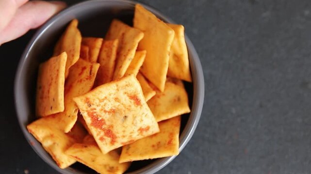 Cracker paprika flavor apero natural ingredients tasty snack fresh, delicious, gourmet food background on the table rustic food top view copy space