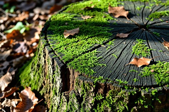 Old weathered tree stump covered with bright green moss in deep forest. Brown autumn leaves lie on cracked wooden textured surface. Sunbeams illuminate textured trunk bark within peaceful woodland