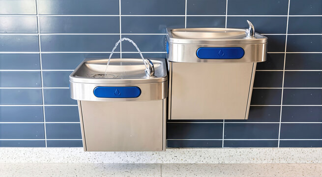 Dual height stainless steel drinking fountain with an arched stream of water mounted on a slate blue tile wall. Modern public water bubbler fixture in an educational or institutional building interior