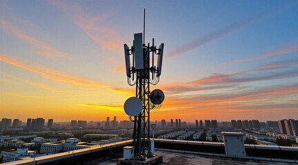 Fototapeta premium Communication tower on city rooftop at sunset. Antennae transmit signals across urban landscape. Buildings and sky glow with golden evening light. Modern infrastructure connects city life.