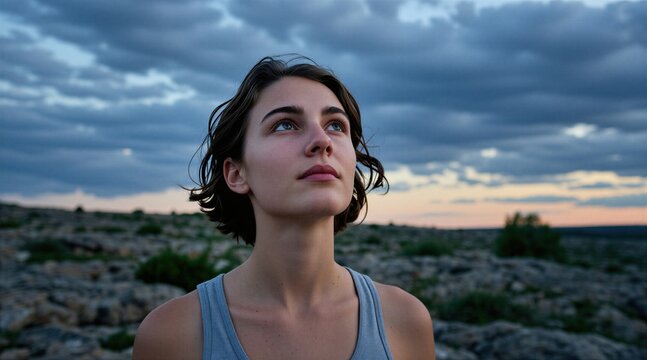 Young woman gazes upward at cloudy sky amidst rocky terrain. Appears thoughtful reflecting on life journey. Natural light illuminates face conveying serenity, quiet contemplation in open landscape.