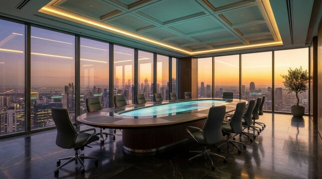 Modern luxury boardroom with a glowing digital conference table overlooking a panoramic city skyline at sunset