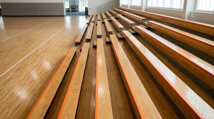 Fototapeta premium Empty wooden bleachers in a bright gymnasium, ready for spectators, offering ample copy space for marketing