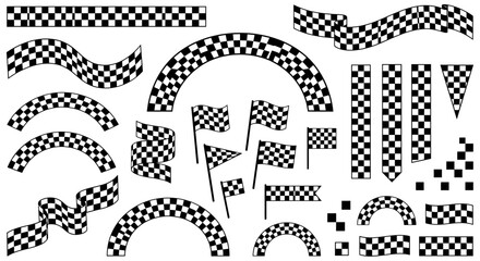 Fototapeta premium Collection of various black and white checkered flag elements for racing and sports design projects