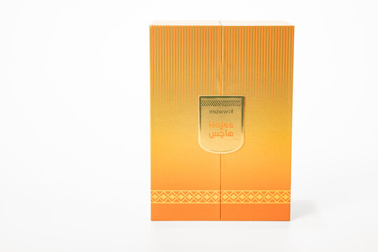 Araras, S&atilde;o Paulo, Brazil. Araras, August 17, 2026. Hajes perfume box; photos of the Hajes perfume box on a white background with selective focus.
