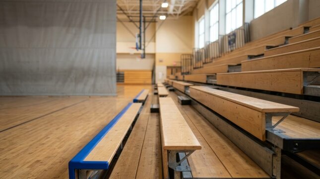 Empty indoor basketball gym bleachers with wooden seats receding into perspective, offering ample copy space