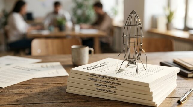 Wireframe rocket on startup reports signifies business launch and growth strategy, with bright office background