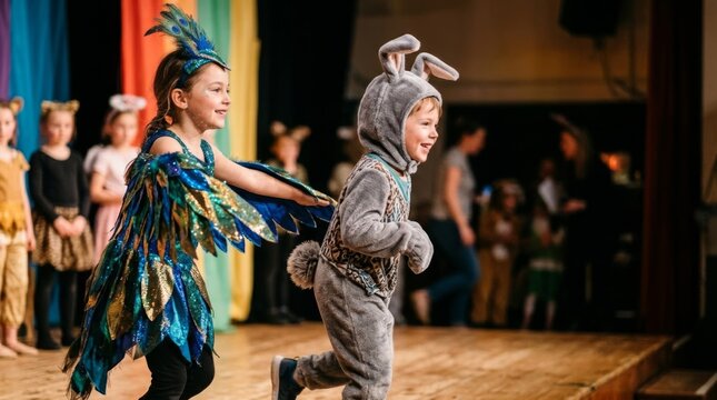 Children in vibrant animal costumes performing on stage, a joyful school show with bright bokeh background and copy space