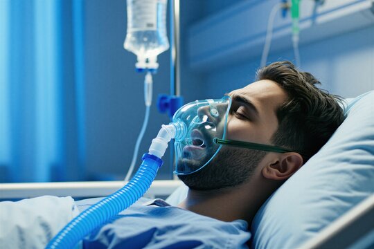 Young man lying in hospital bed with oxygen mask on face. Patient receives respiratory support therapy for severe pneumonia covid infection. Medical pro care inside intensive care unit room. Male