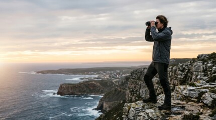 Obraz premium Man with binoculars on a cliff edge overlooking the ocean, planning future goals and strategy in a vast outdoor landscape