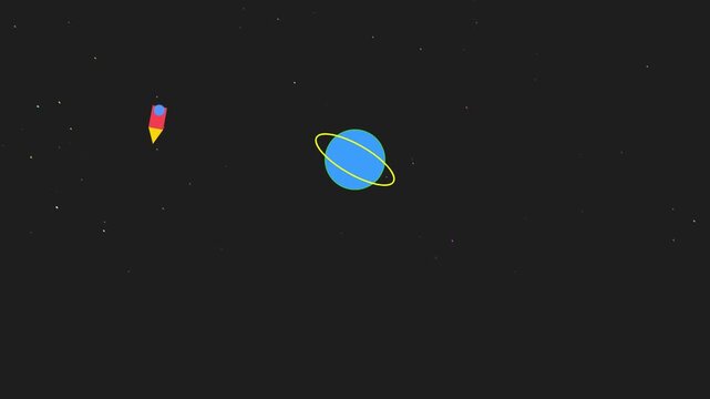 Minimalist flat rocket flying past planet in outer space orbit galaxy