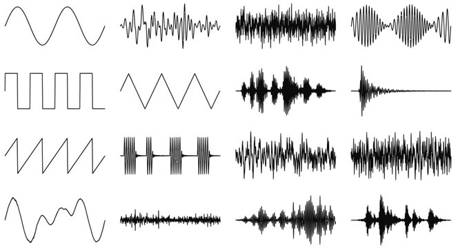 Collection of various digital audio waveforms and electronic signal patterns on a white background