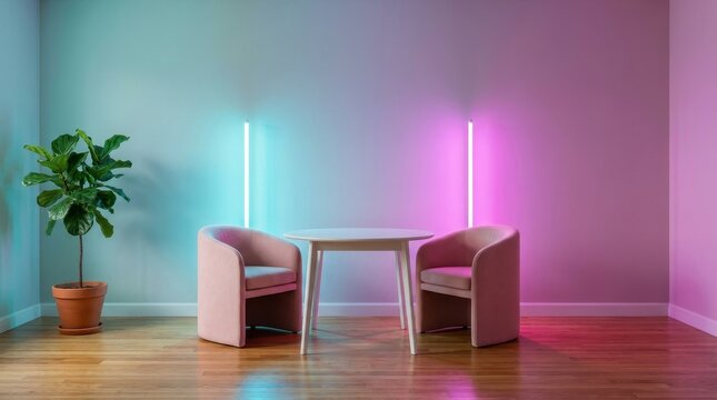 Minimalist living room interior featuring two blush pink chairs, a white table, and vibrant neon light tubes against a dual-colored wall with a potted plant