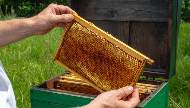 Beekeeper Hands Extracting Wooden Honeycomb Frame Full of Fresh Golden Honey From Green Beehive Box in Outdoor Apiary Field