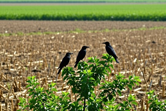 Three black drongos perch atop vibrant green bush. Field stretches behind them showing harvested crops. Rural landscape features soft daylight, hazy horizon. India countryside presents natural beauty.