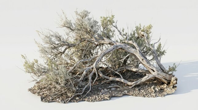 A detailed 3D model of a desert sagebrush shrub with twisted dry branches on a rocky ground patch isolated on a white background