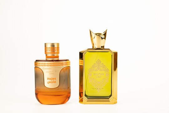 Araras, S&atilde;o Paulo, Brazil. Araras, August 17, 2026. Hajes and Sultan perfumes; photos of Hajes and Sultan perfumes together on a white background with selective focus.