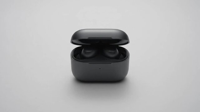 Wireless earbuds charging case opening smoothly in this clean minimalist professional motion video animation studio shot