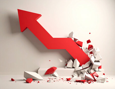 A dynamic red 3D arrow breaks through a crumbling wall, symbolizing powerful growth, breakthrough success, and overcoming business obstacles. Concept of impact with nobody present.