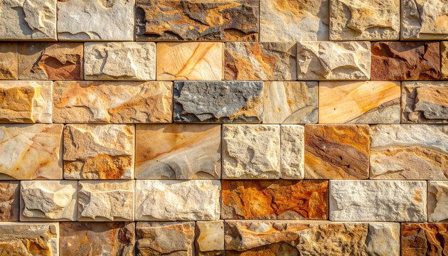 Textured natural stone wall with warm earth tones offers a rustic yet elegant architectural background. Symbolizing strength and stability, nobody is seen in this backdrop.