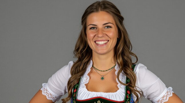 Young German woman smiles in traditional dirndl dress, white blouse, green necklace. Isolated on gray studio background, cultural attire celebration, Oktoberfest event style.