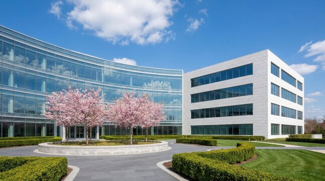 Modern Corporate Office Building Exterior with Glass Facade and Cherry Blossom Trees in Spring