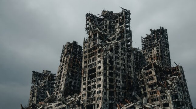 Destroyed modern skyscrapers and ruined buildings after a disaster