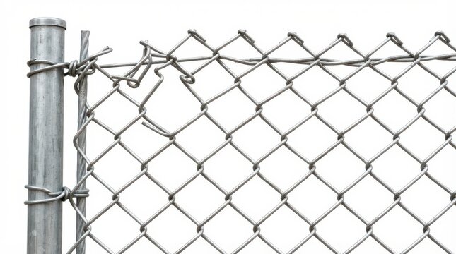 Damaged chain link fence with broken wire mesh