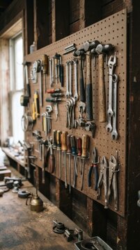 Workshop pegboard with various hand tools organized in a garage