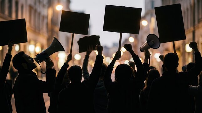 Silhouetted crowd of protesters holding signs and megaphones in street