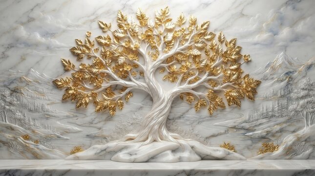 Golden leaf tree relief sculpture on marble wall background