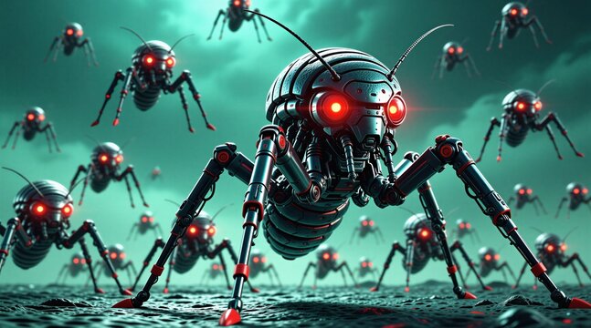 Futuristic metallic insect robots march in swarm. Mechanical bugs with glowing red eyes walk across dark ground. Many advanced cybernetic machine creatures move together. Alien swarm invades alien