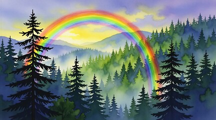 Naklejka premium Watercolor illustration of misty pine forest with vibrant rainbow arching over evergreen trees. Scenic mountain landscape features colorful arc in cloudy sky above wilderness woods. Dreamy