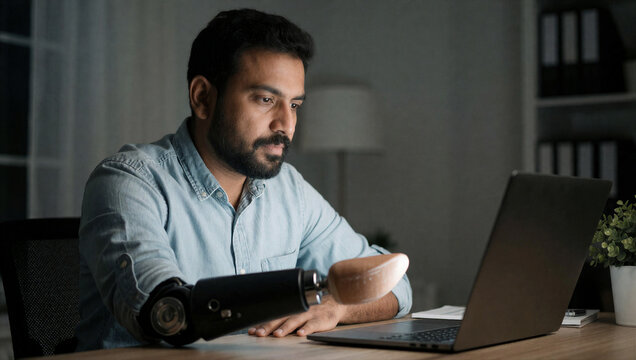 Man with prosthetic arm working on laptop at home at night