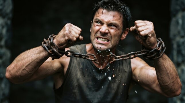 Muscular man breaking heavy rusty iron chains with force