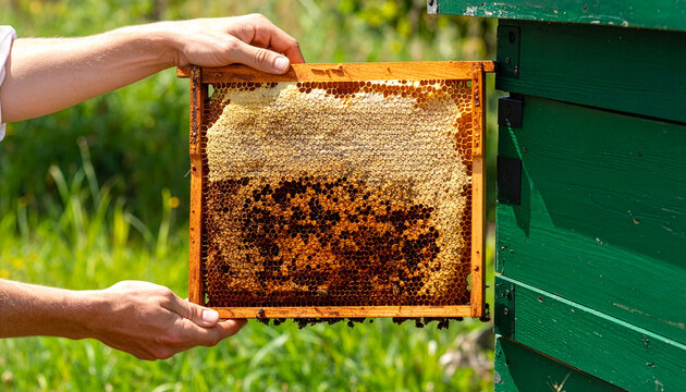Beekeeper Hands Extracting Wooden Honeycomb Frame Full of Fresh Golden Honey From Green Beehive Box in Outdoor Apiary Field