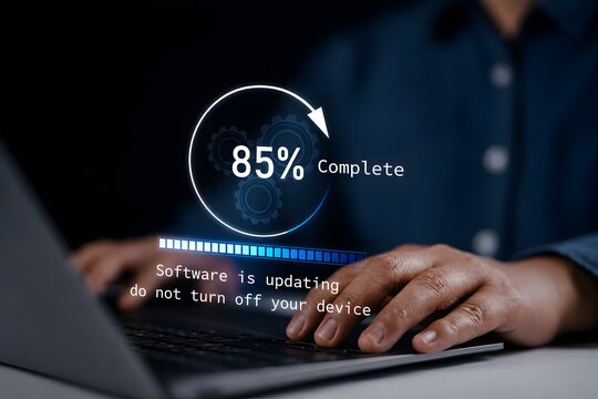 Operating system, Firmware, OS upgrade with loading progress screen. Software update to improve functionality in the new version. Fix or patch security bugs. Man working and installing update process.