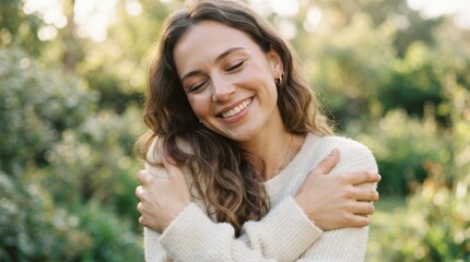Fototapeta premium Young woman hugging herself outdoors with a happy expression
