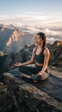 Woman meditating in lotus pose on mountain peak at sunset